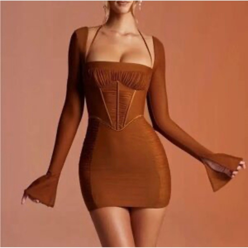 Oh Polly Corset Long Sleeve Mesh Mini Dress Baddie Hot Rouched Sheer Brown 2 - Picture 1 of 13